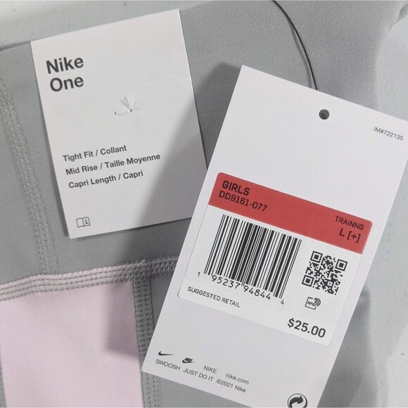 NIKE Capri Leggings Girls L+ New Dri-FIT One Kids Grey High Waist Athletic NWT - Picture 9 of 9